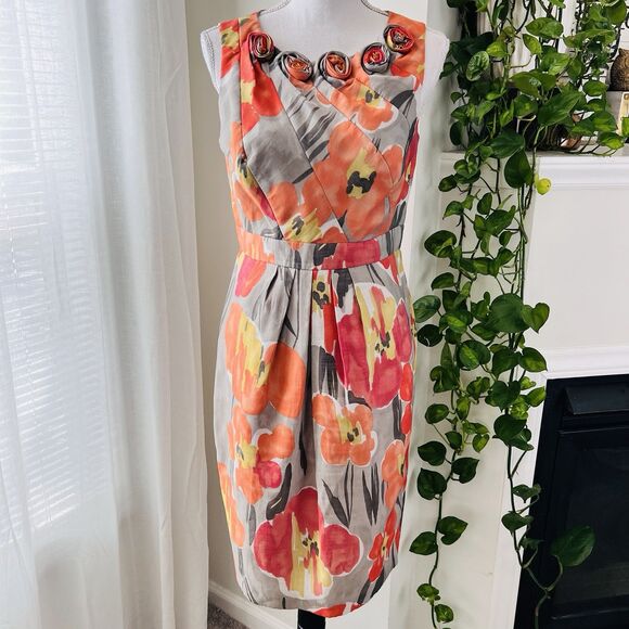 Adrianna Papell Gray & Orange Floral Tencel Blend Evening Dress Party - Size 8 - Picture 1 of 8